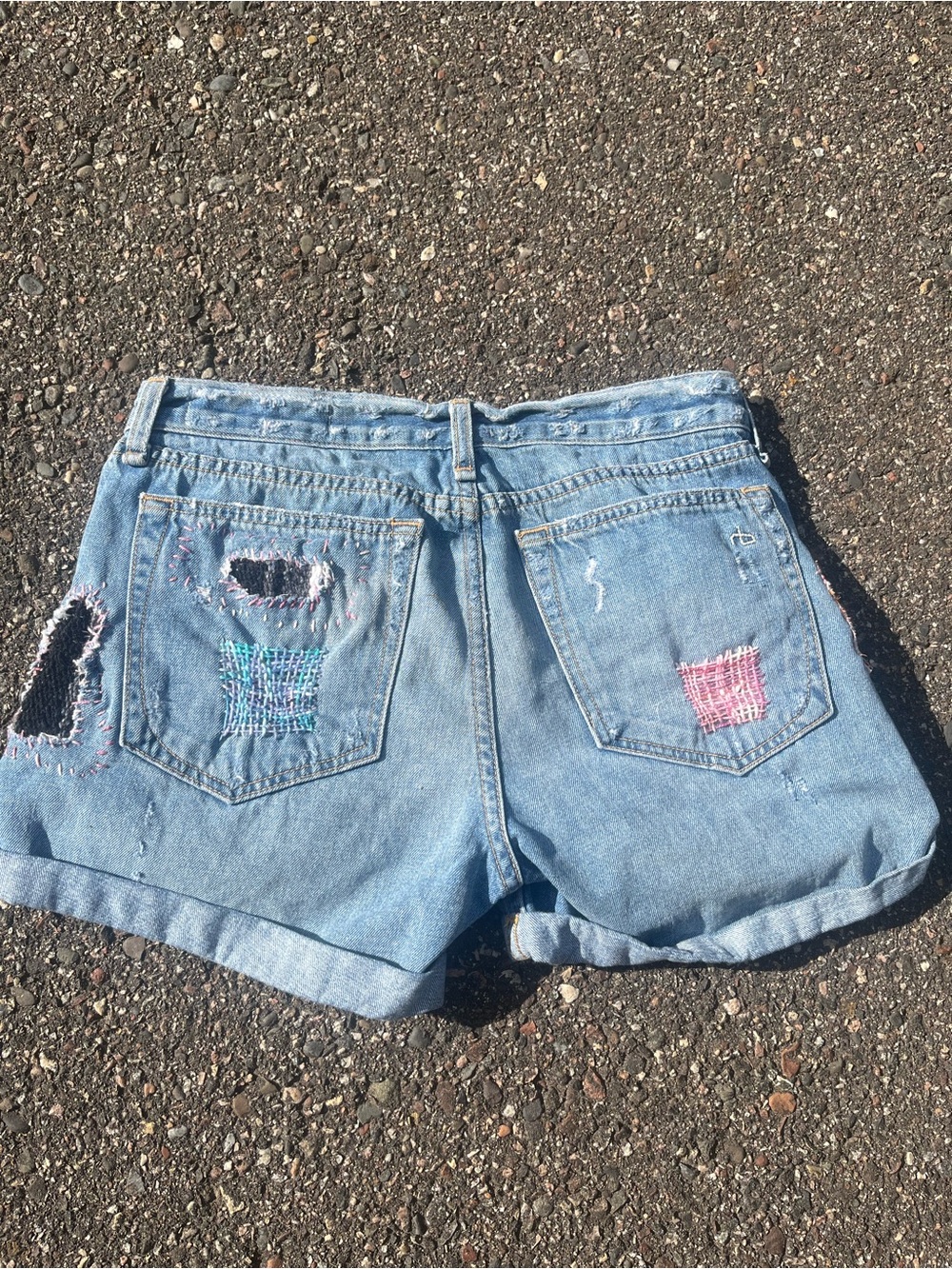 OOAK reworked Distressed Light Blue Denim Women's Shorts with Patchwork - Picture 5 of 7